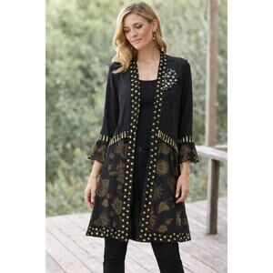 Indigo Moon‎ Black Beaded Open Front Duster Kimono Bell Cuff Small Boho Artwear